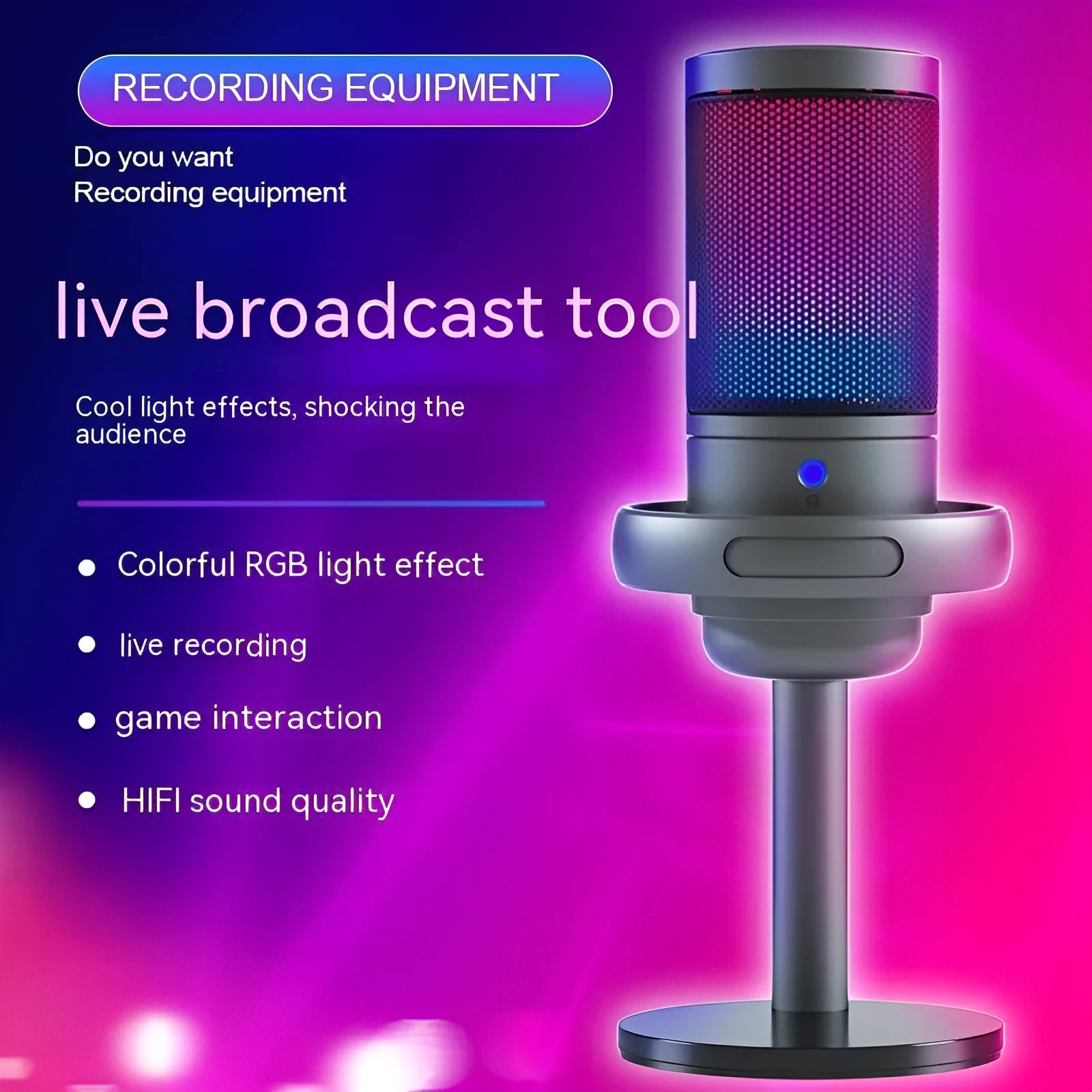 RGB USB condenser microphone for computer streaming and recording with 150cm cable