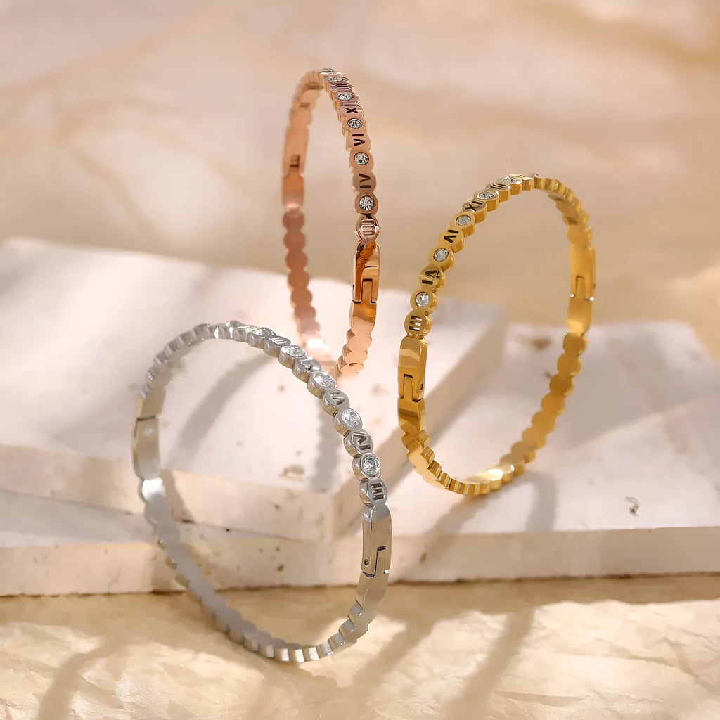 Korean style titanium steel bracelet with number elements in gold, rose gold or steel colour