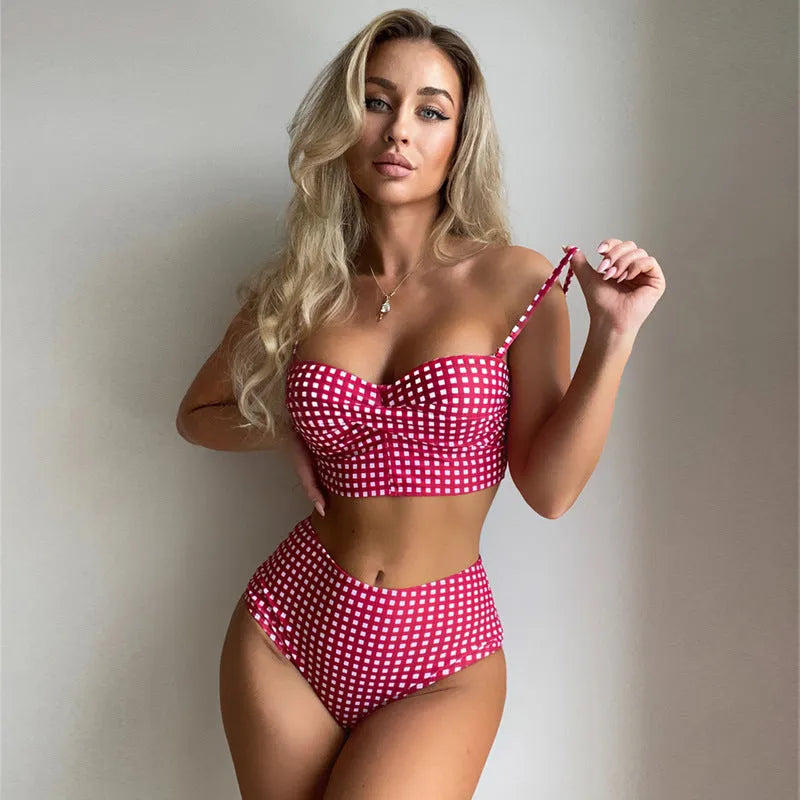 Women's plaid high-waisted bikini swimsuit in rose red, black, blue, and sky blue colours