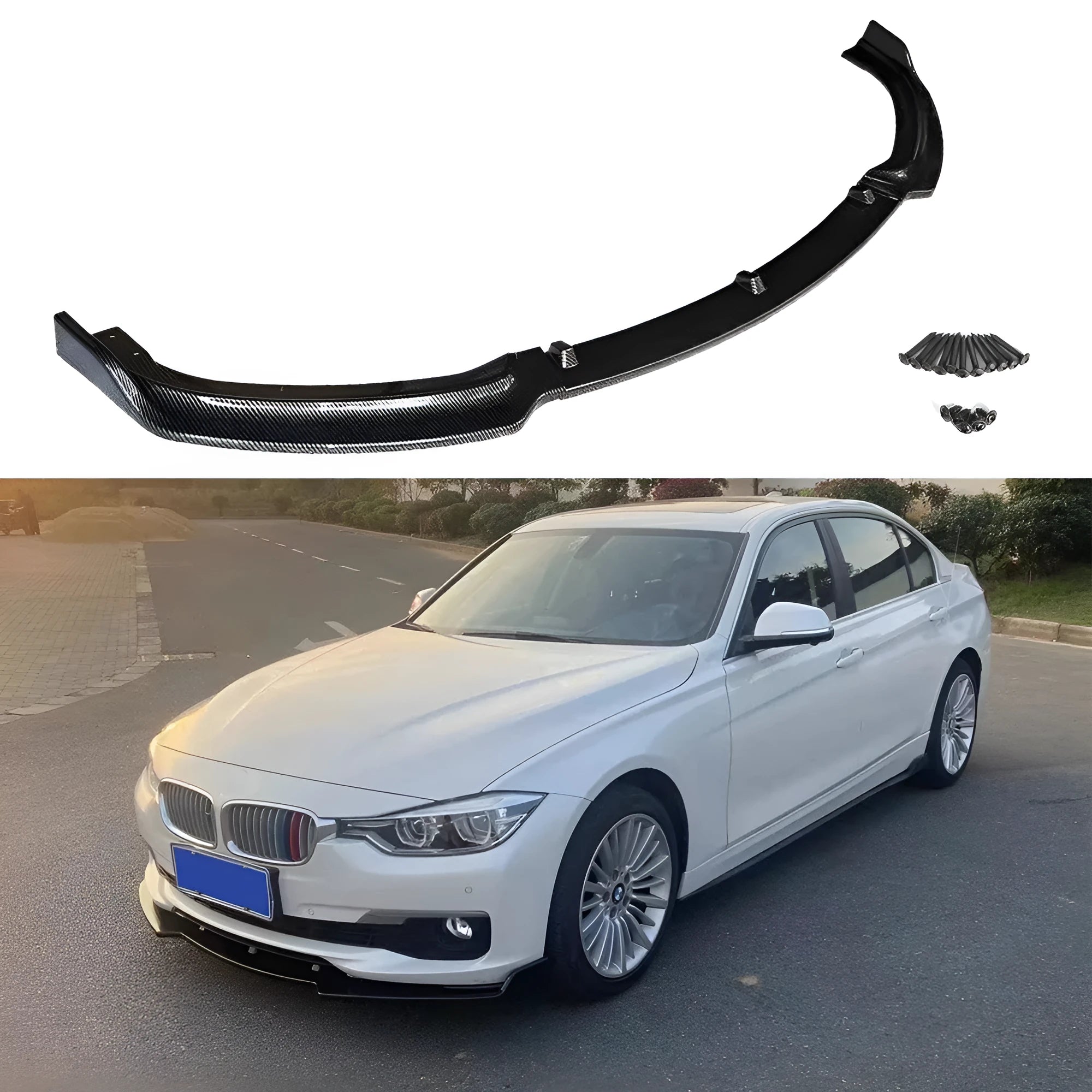 Bright black polypropylene front bumper lip for BMW F30 F35 3 Series showing 3-piece construction