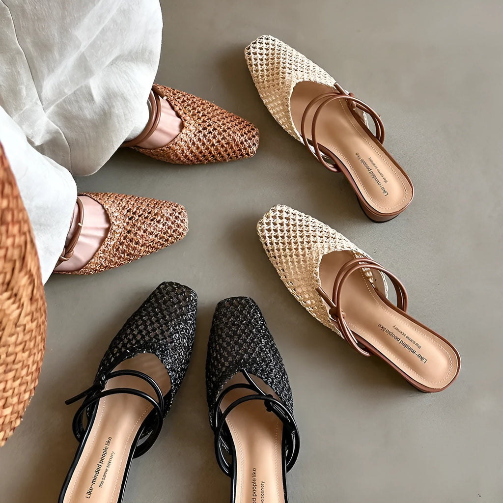 Women's French style square toe outdoor slippers with hollow-out breathable design and chunky heel