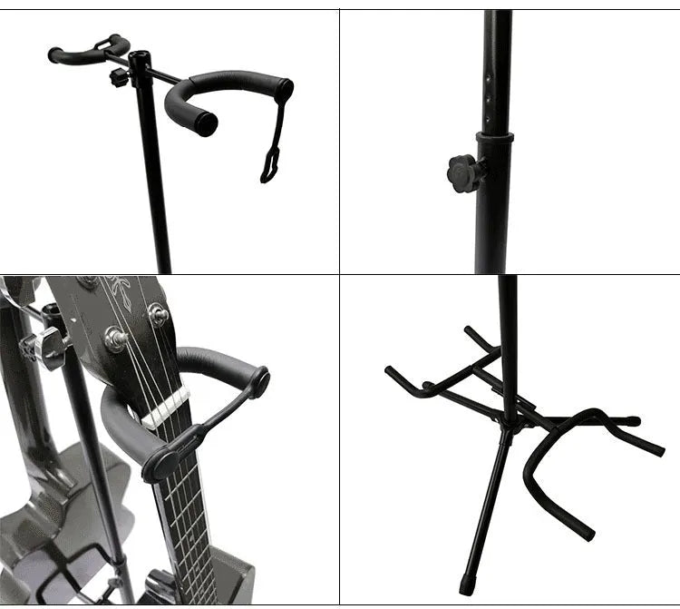 Black iron double-headed adjustable guitar stand holding two guitars vertically