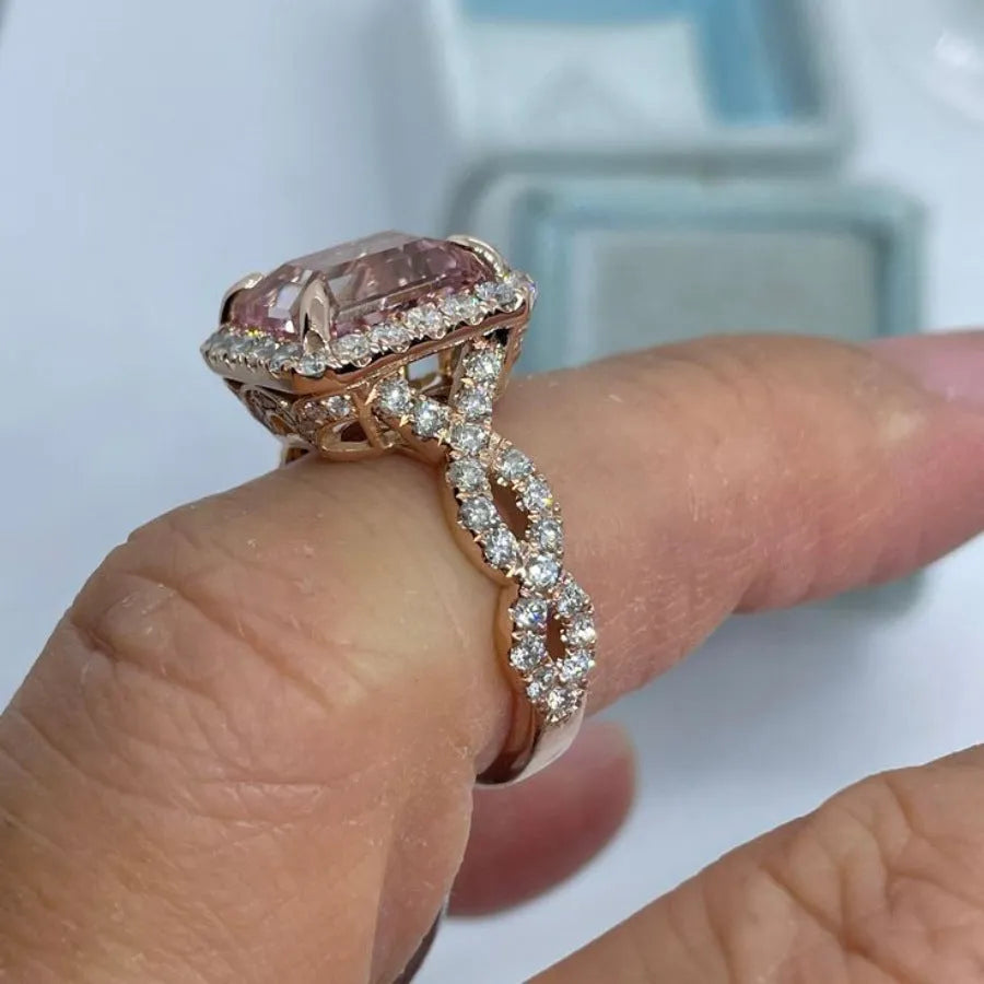 Geometric rose gold alloy ring with electroplated finish shown in various angles