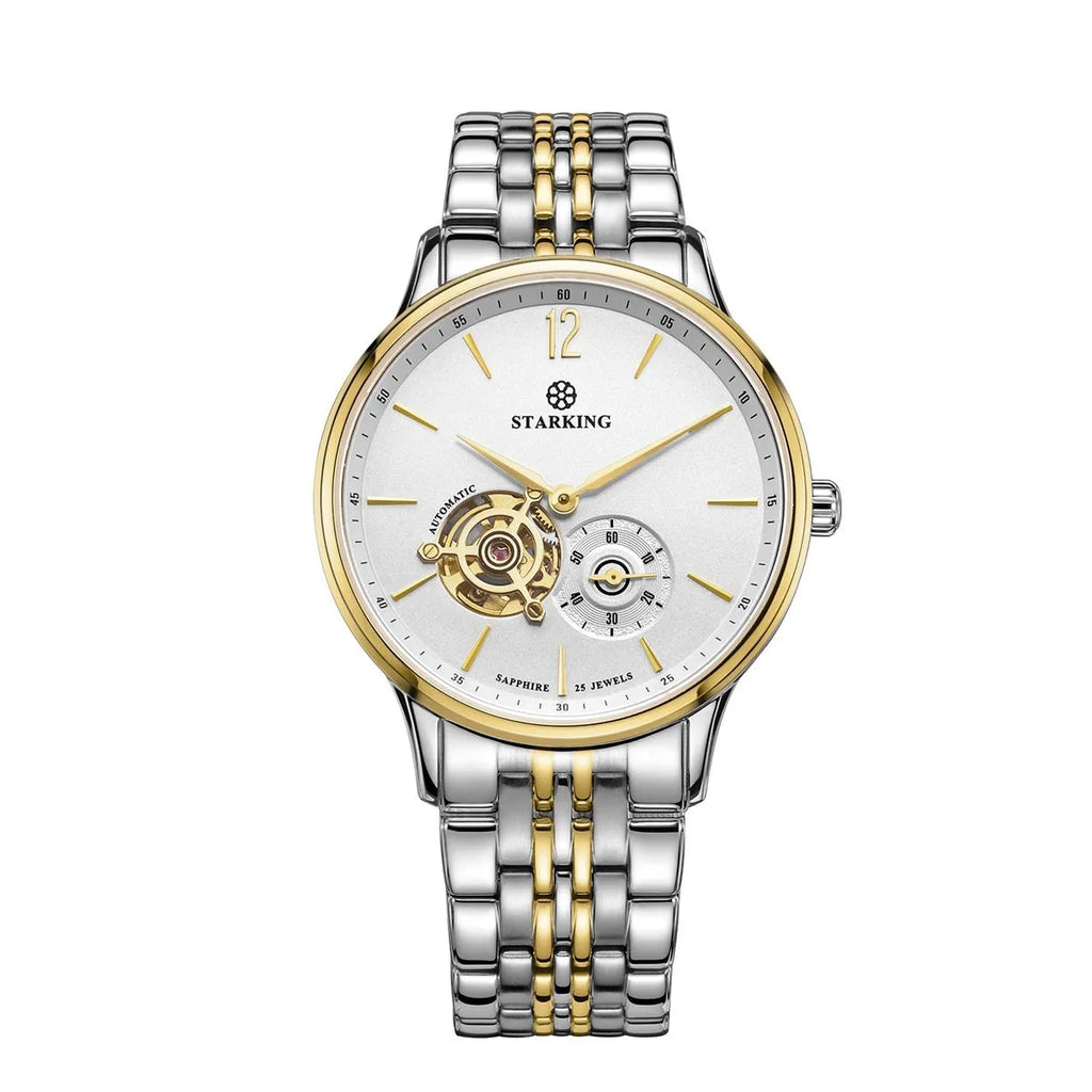 Automatic mechanical men's business watch with hollow dial and brown leather strap