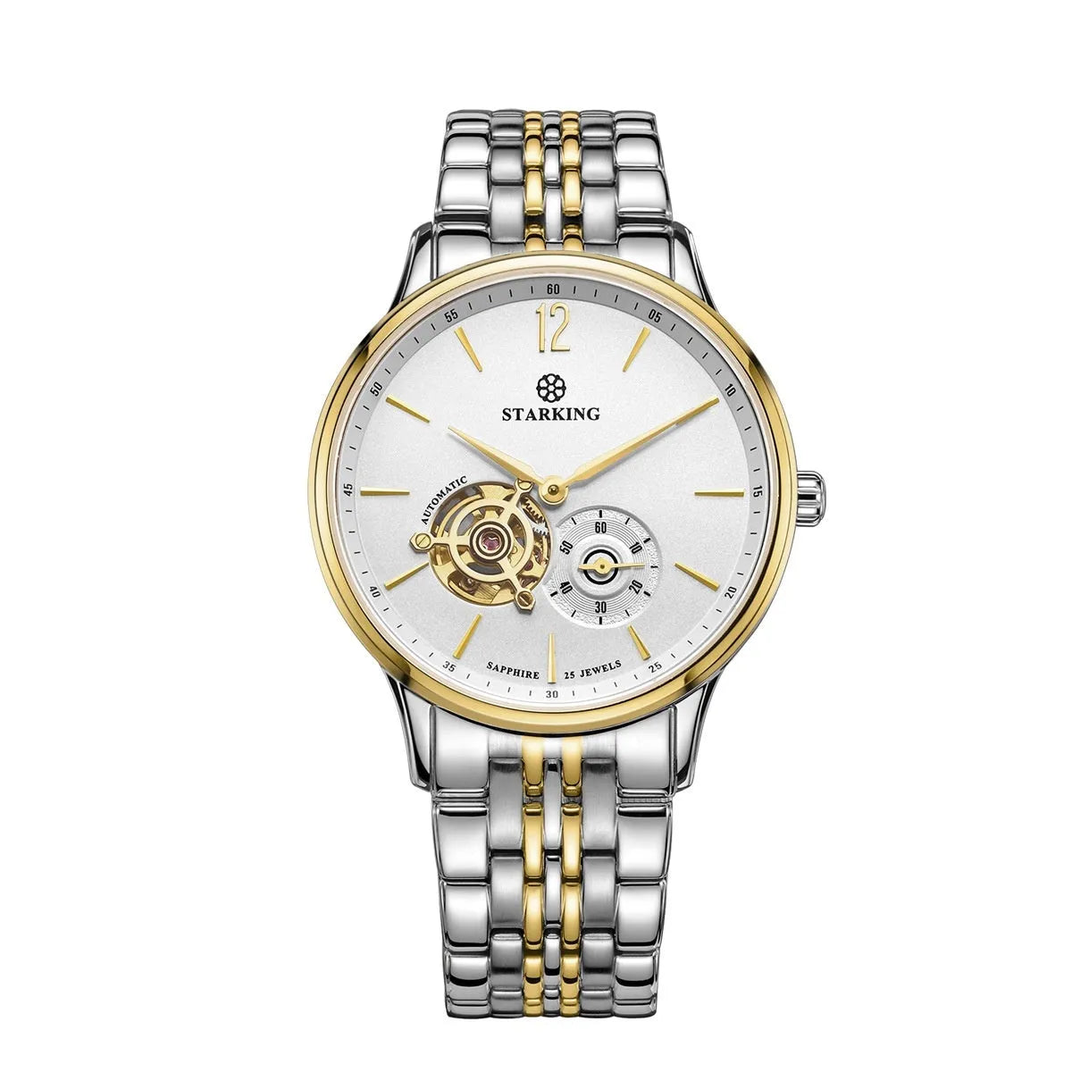 Automatic mechanical men's business watch with hollow dial and brown leather strap