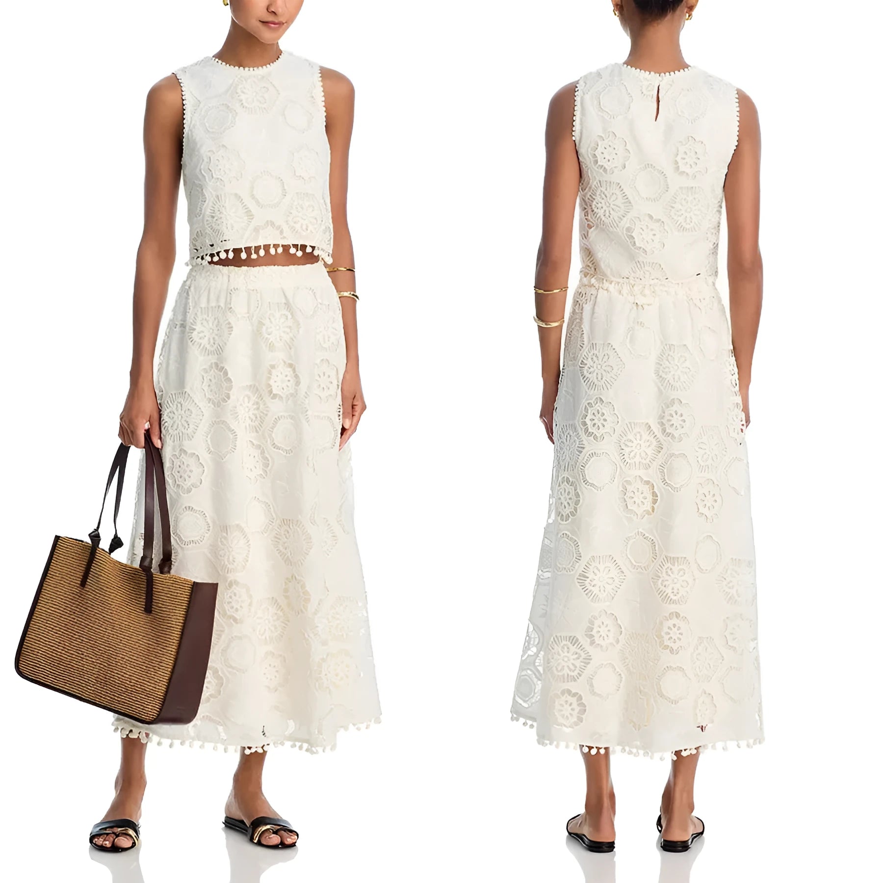 White women's sleeveless top and long skirt suit with embroidery detail on a mannequin.