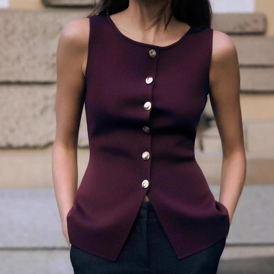 Dark red slim fit women's sweater vest with gold buttons and a 3D pattern texture.