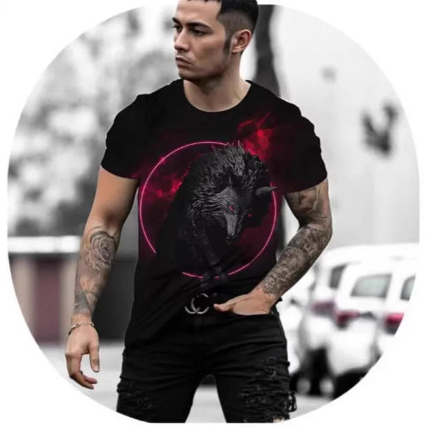 Man wearing a retro style 3D animal print short-sleeved t-shirt