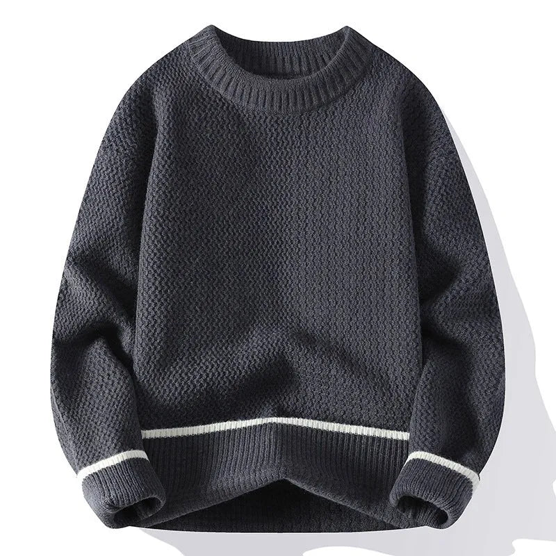 Grey men's casual loose fit round neck long sleeve knitwear sweater on a hanger.