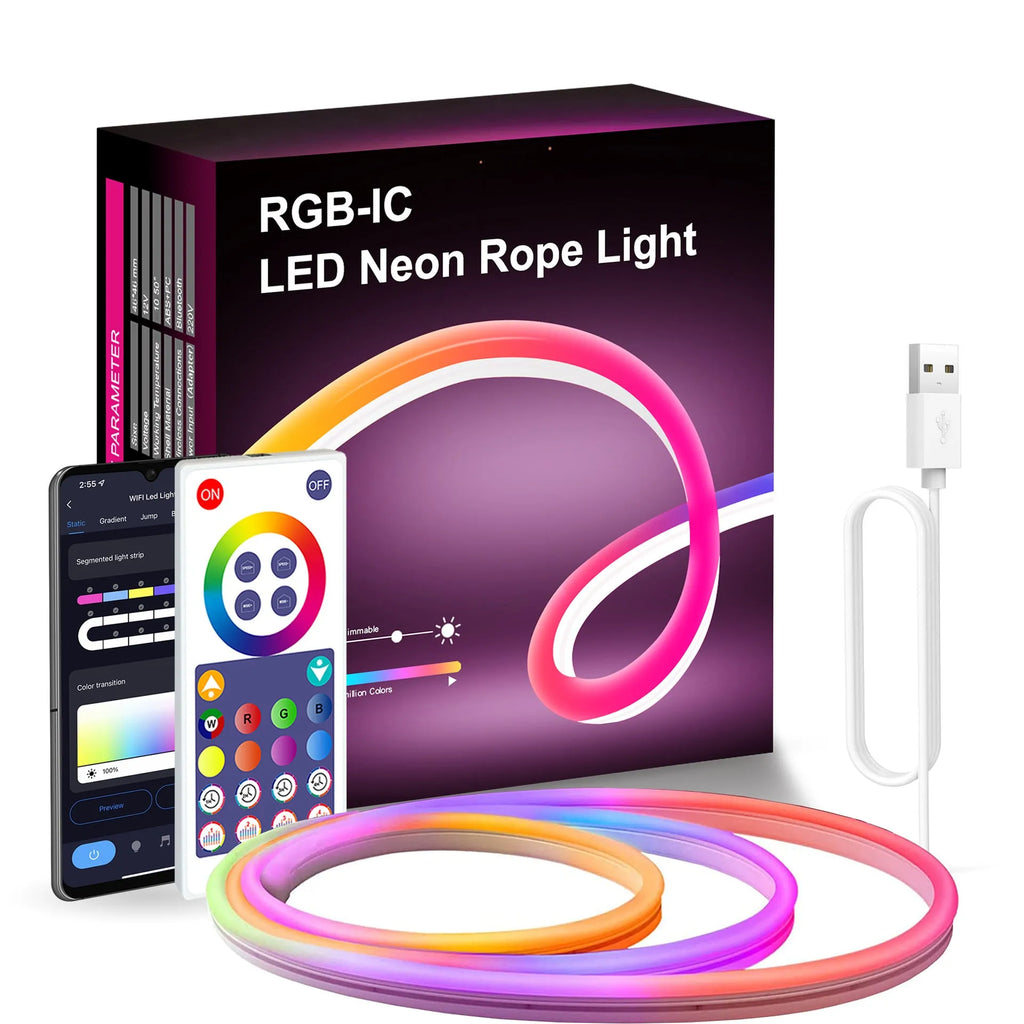 3-metre USB-powered RGB LED neon light strip with remote control for interior lighting