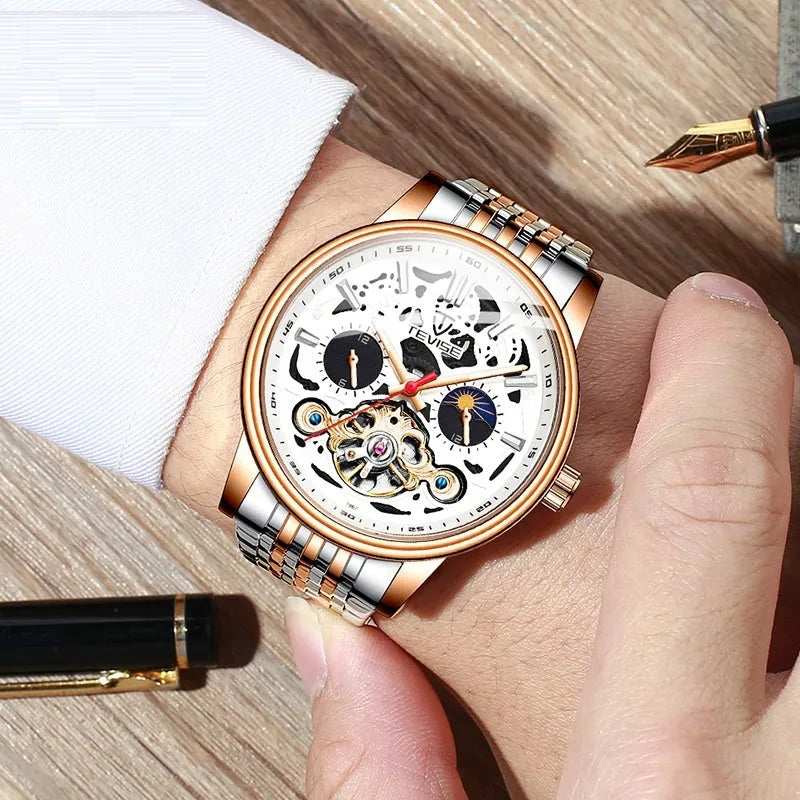 Tourbillon mechanical watch with water resistance, luminous elements, and 16.5mm thickness in black colour