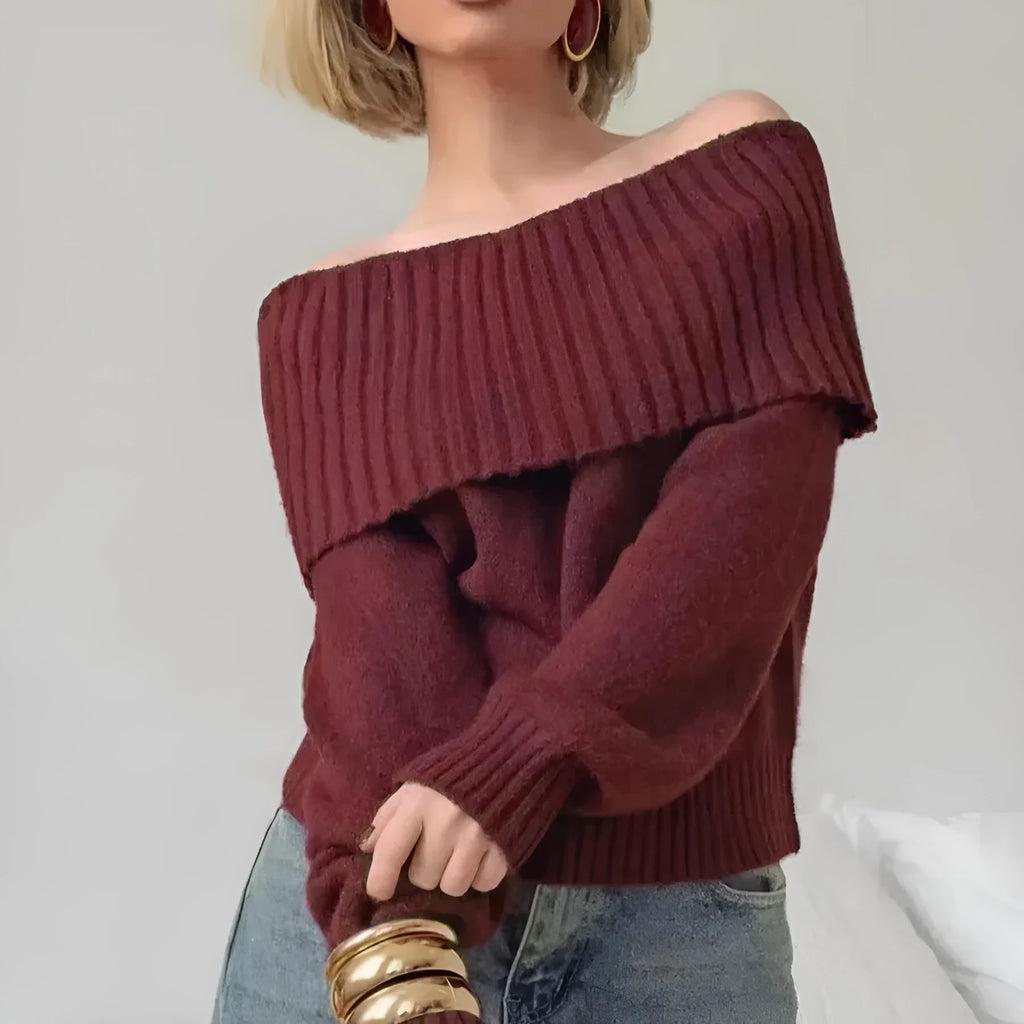 Grey off-the-shoulder sweater with 3D textured pattern and strapless design