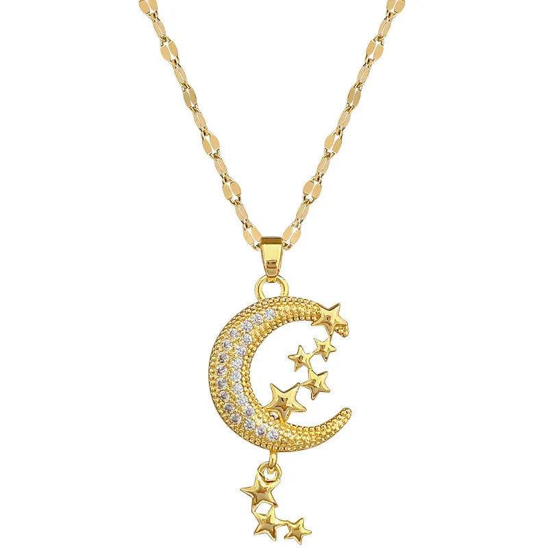 Geometric moon pendant necklace with diamond accents and tassel on stainless steel chain