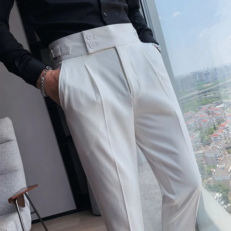 A pair of men's straight-leg casual trousers in a solid colour, laid flat to show the cut and fabric.