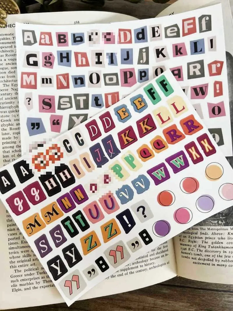 English letters and numbers symbol label stickers showing A, B, C, D, E letters and weekly words in cute printed style