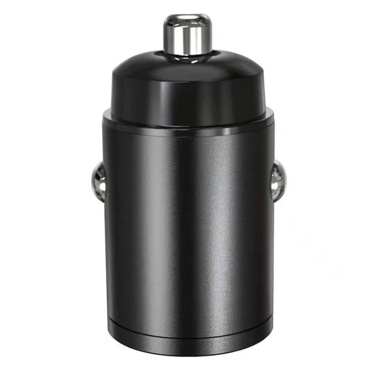 30W mini car charger with USB-C and QC3.0 ports in black zinc alloy housing