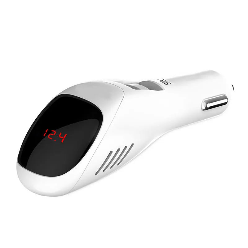 White car USB charger with integrated negative ion air purifier showing compact dimensions