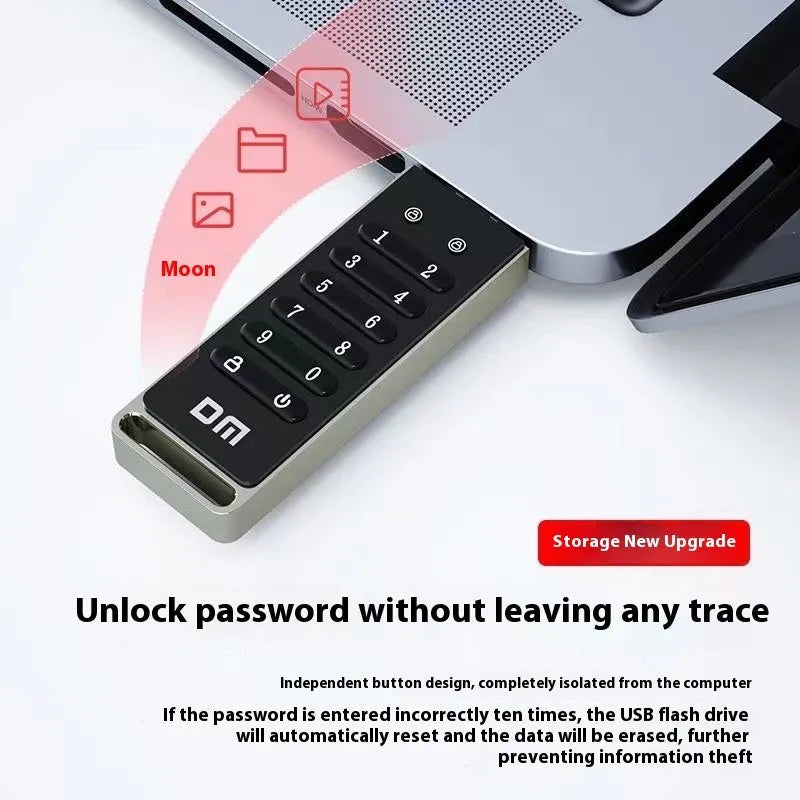 Metal encrypted USB flash drive with digital button and 64GB capacity