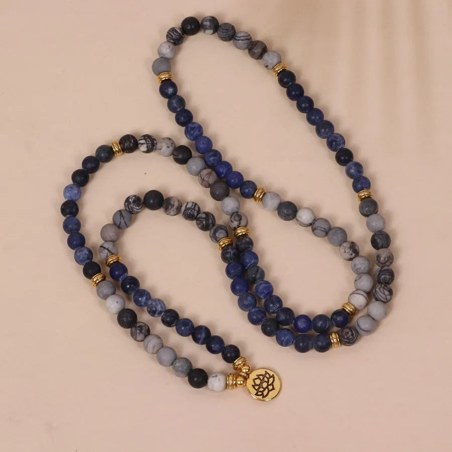 Blue patterned network stone bead multi layer alloy bracelet with natural fresh sweet style.