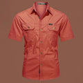 Men's cotton short sleeve work shirt in loose fit with non-iron treatment shown in multiple colour options