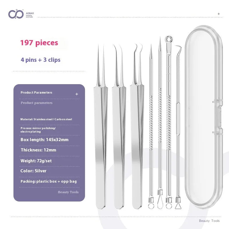 Four silver metal acne needles with fine pointed tips for blackhead removal.