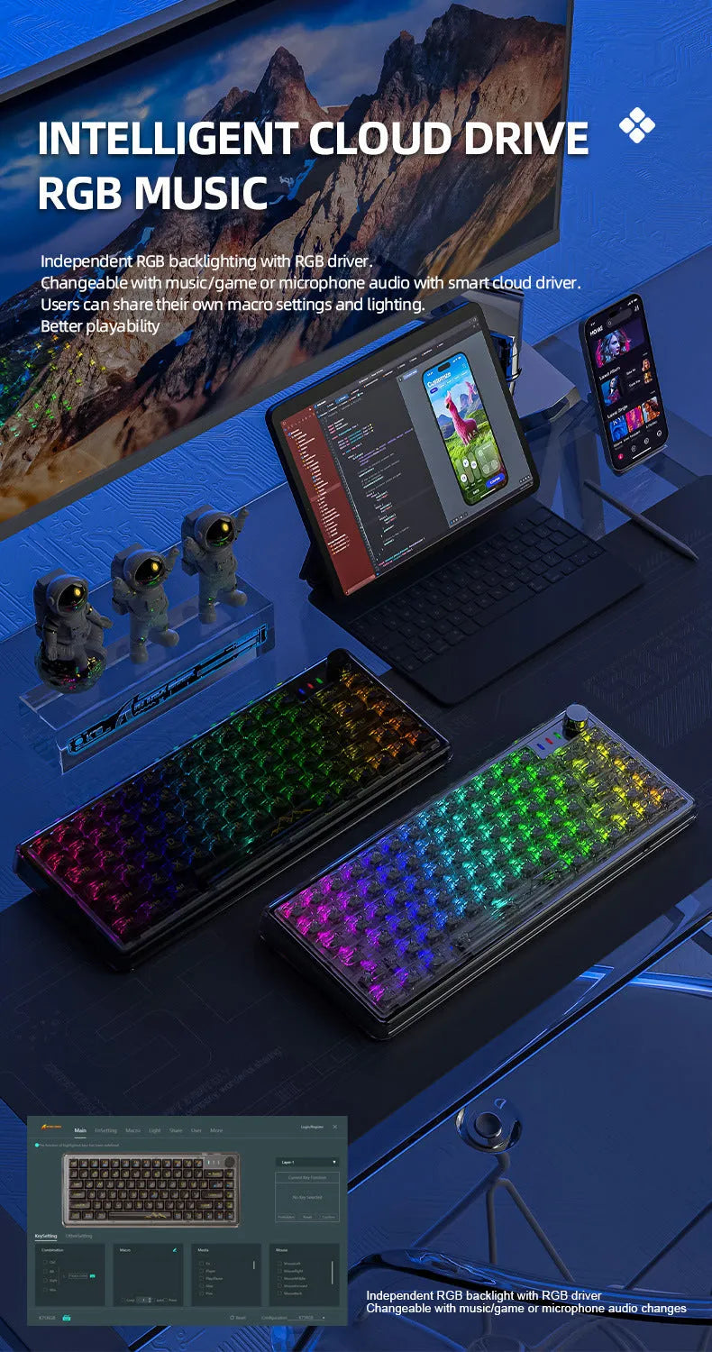 Attack Shark K75RGB white transparent wireless mechanical keyboard with RGB lighting on a desk.