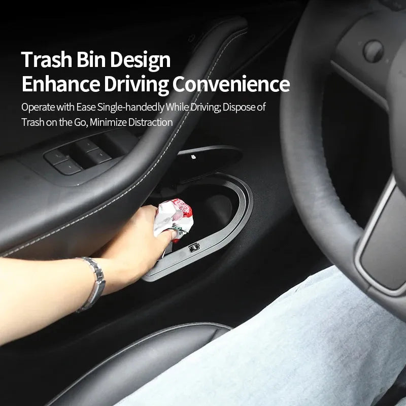 Two black plastic car door storage bins for Tesla Model Y front seat organisation.