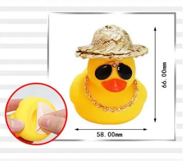 Straw hat yellow duck cartoon character car ornament with plastic alloy construction and accessory necklace