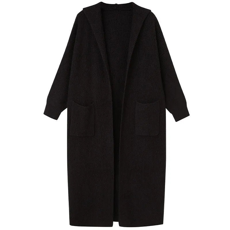 Long grey knitted hooded cardigan trench coat with loose fit and regular sleeves