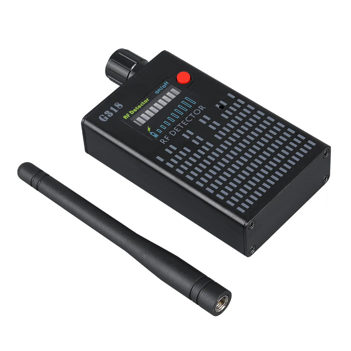 Black G318 aluminium alloy anti-theft hole camera detector on a table with data cable.
