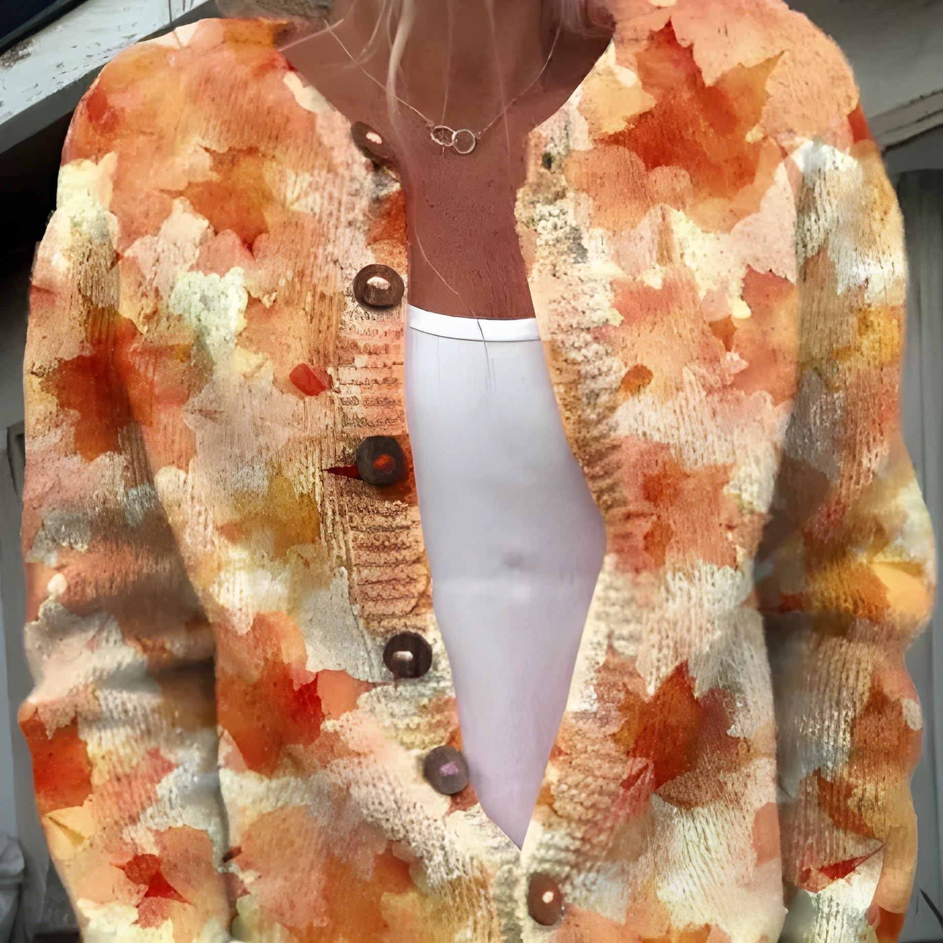 Yellow digital print cardigan knit coat with a raised 3D pattern on a hanger.