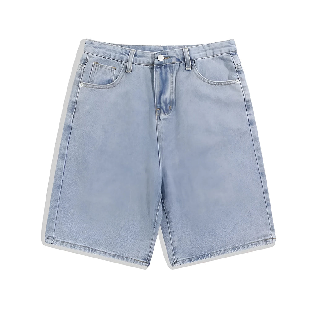 Men's light blue straight-leg denim shorts with five pockets on a mid waist.