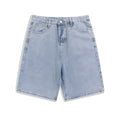 Men's light blue straight-leg denim shorts with five pockets on a mid waist.