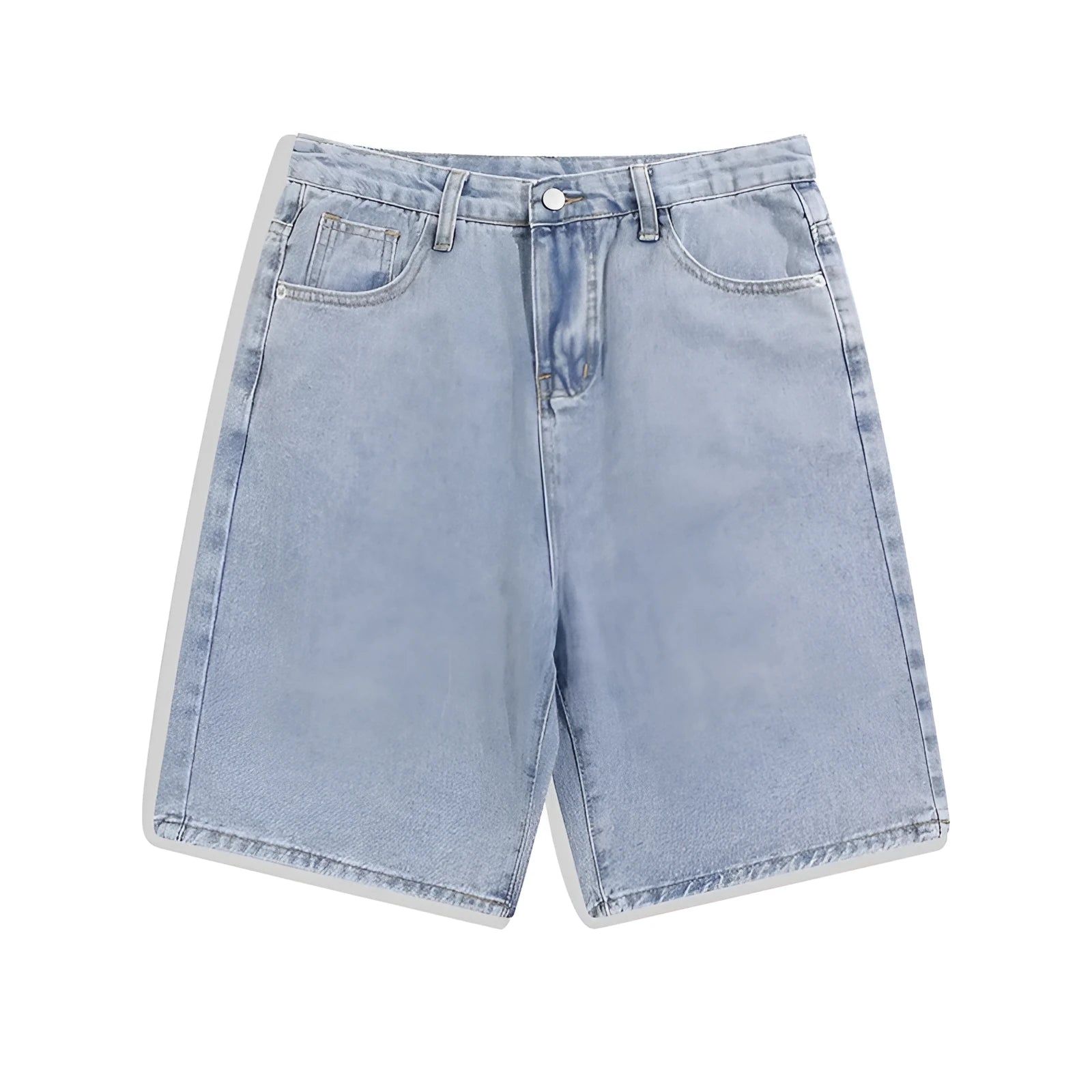 Men's light blue straight-leg denim shorts with five pockets on a mid waist.