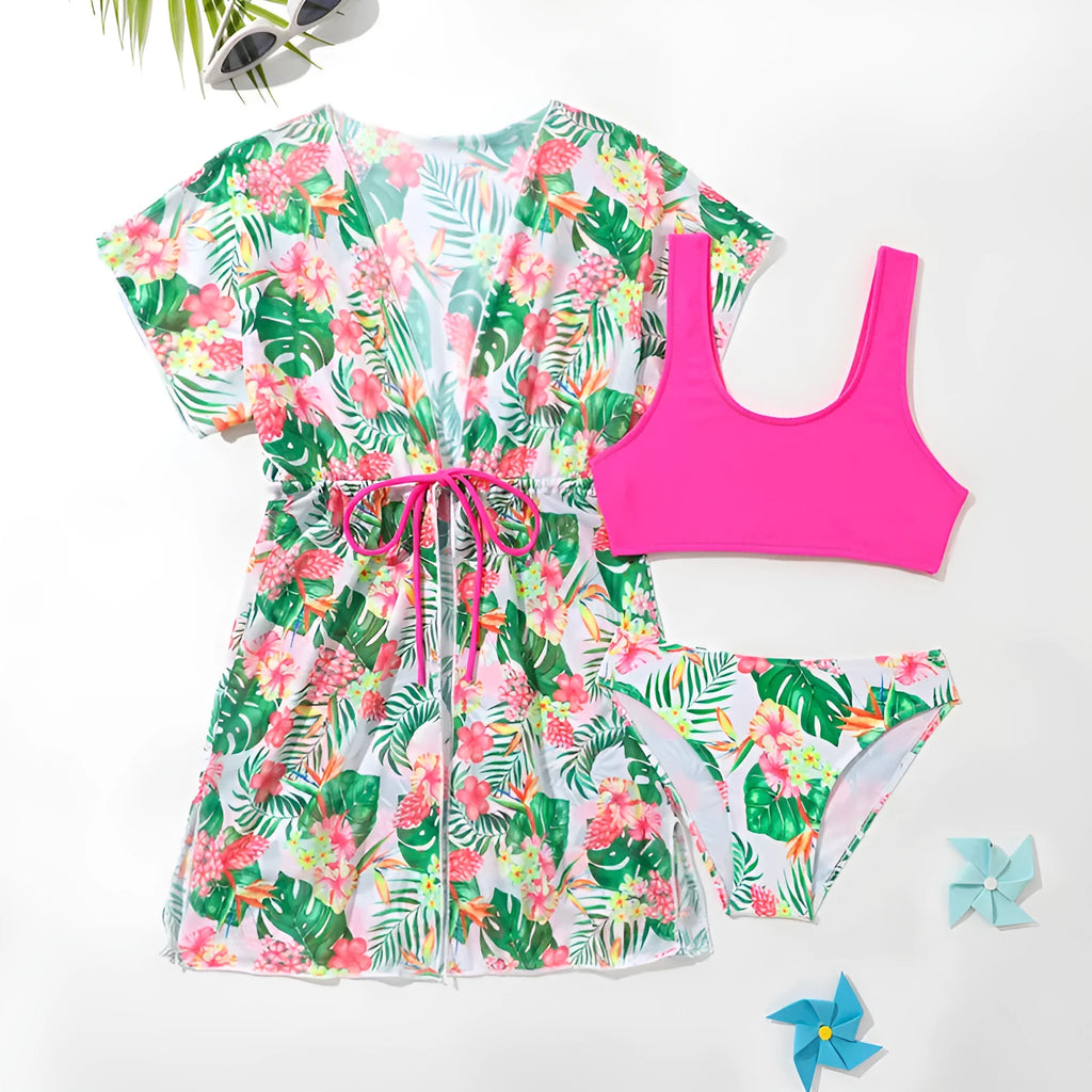 Girls floral two-piece swimsuit set with matching overclothes in picture colour