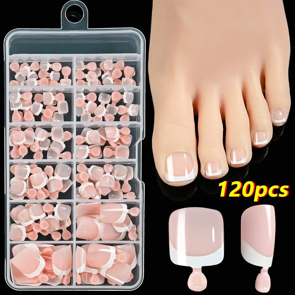 Box of 120 French white edge nude full square short artificial nail pieces showing nine colour shades