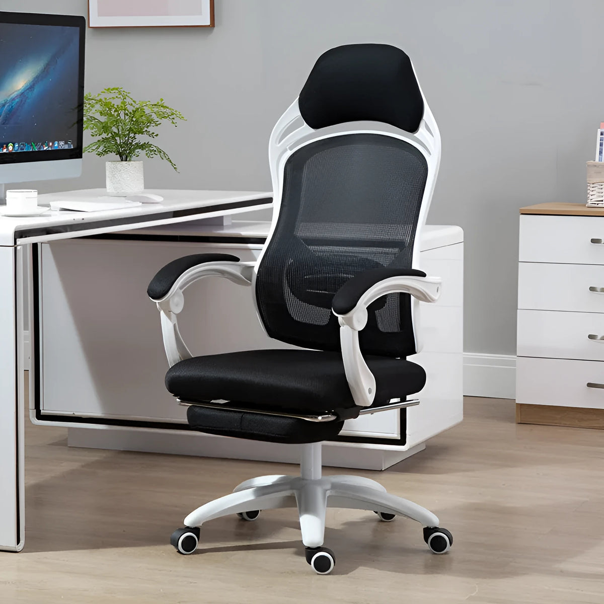 Rotating office chair with high resilience sponge seat, nylon wheels, linkage armrests, available in black or white