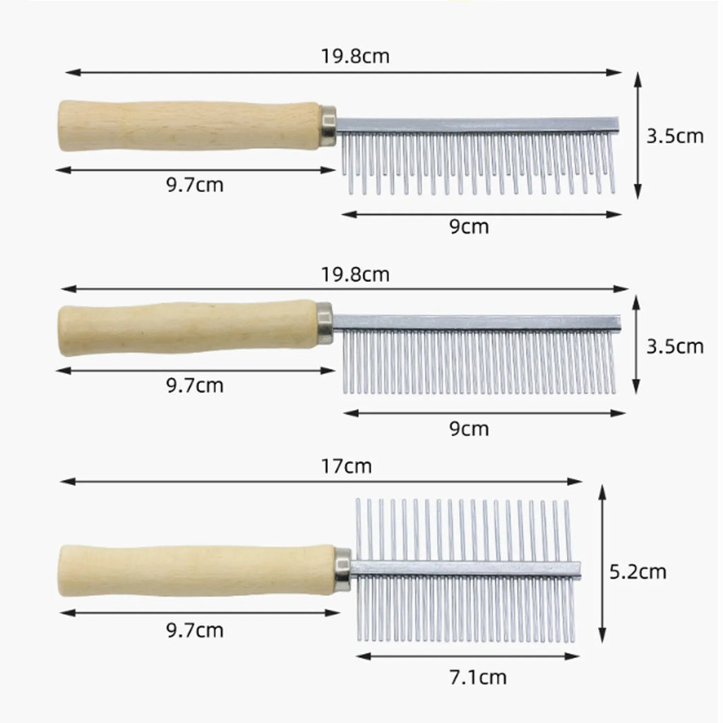 Wooden handle pet grooming comb for dogs and cats showing three configuration options