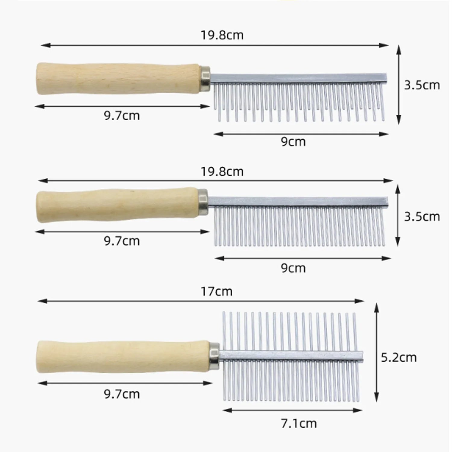 Wooden handle pet grooming comb for dogs and cats showing three configuration options