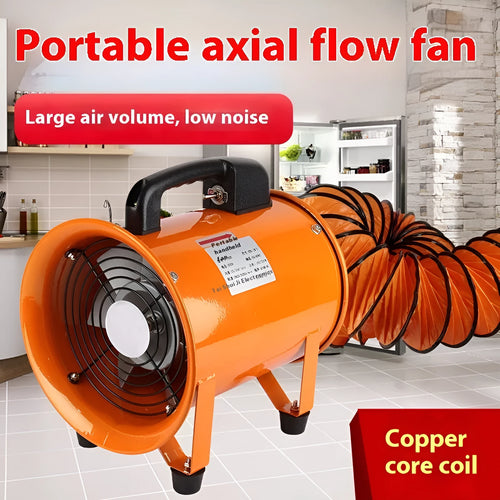 Portable industrial axial flow fan with titanium steel construction and flexible air duct