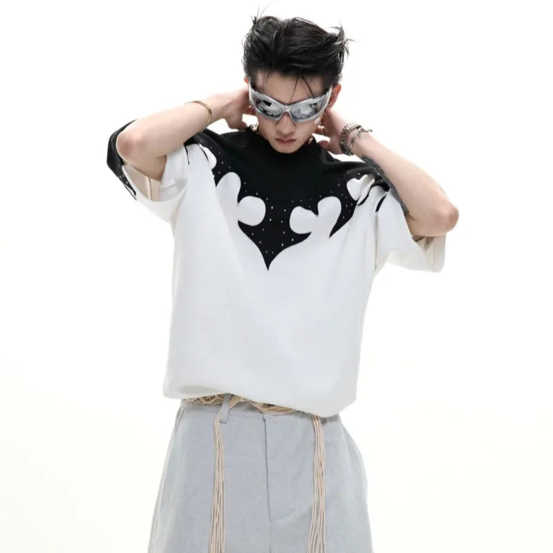 Men's cotton short sleeve shirt with three-dimensional burnt flower stitching and round neck