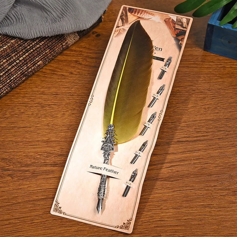 Vintage feather dip pen in 10 colours with zinc alloy construction and 30cm length