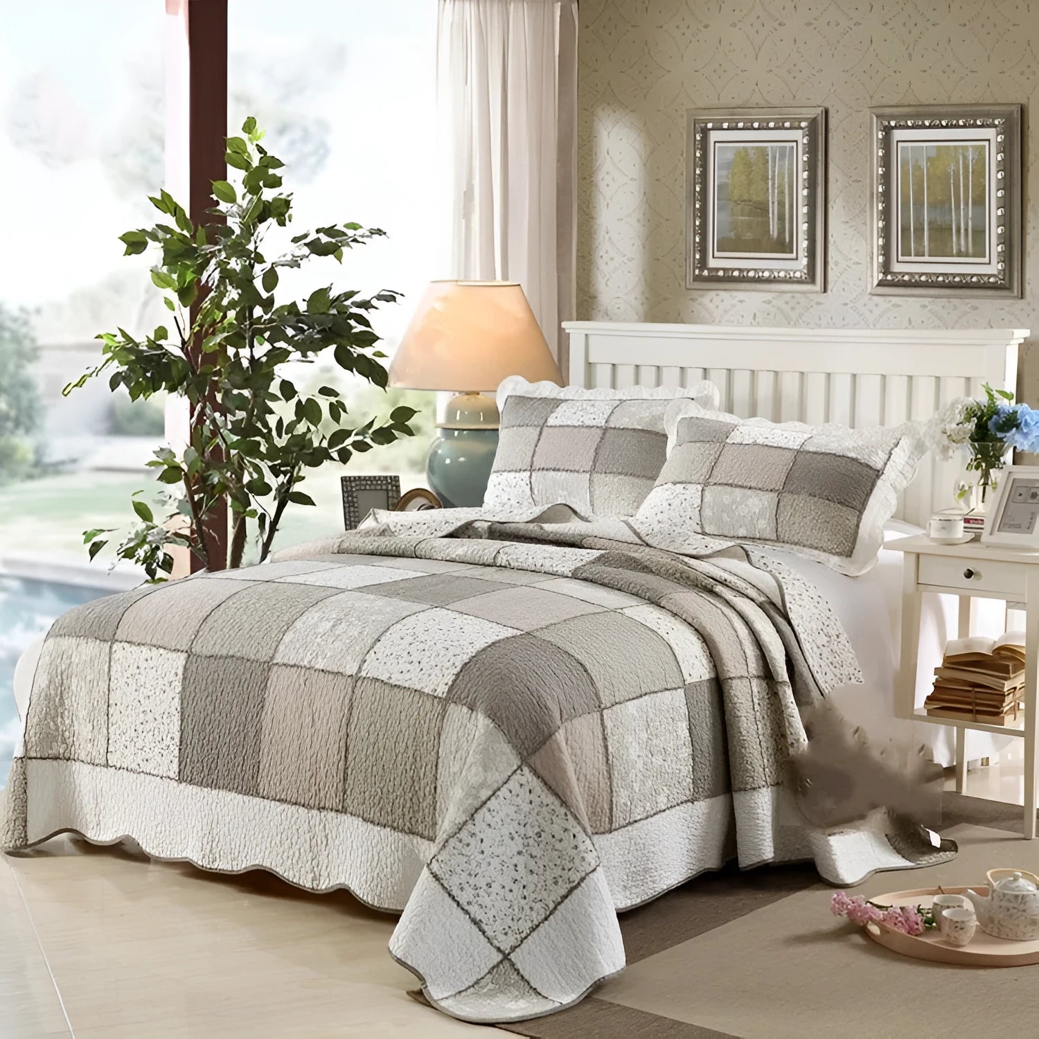 Pure cotton quilted bedspread and pillowcase three-piece set in a chosen colour pattern on a bed.