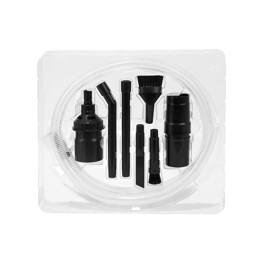 Boxed and bagged options of an eight-piece vacuum cleaner small suction head accessory set.