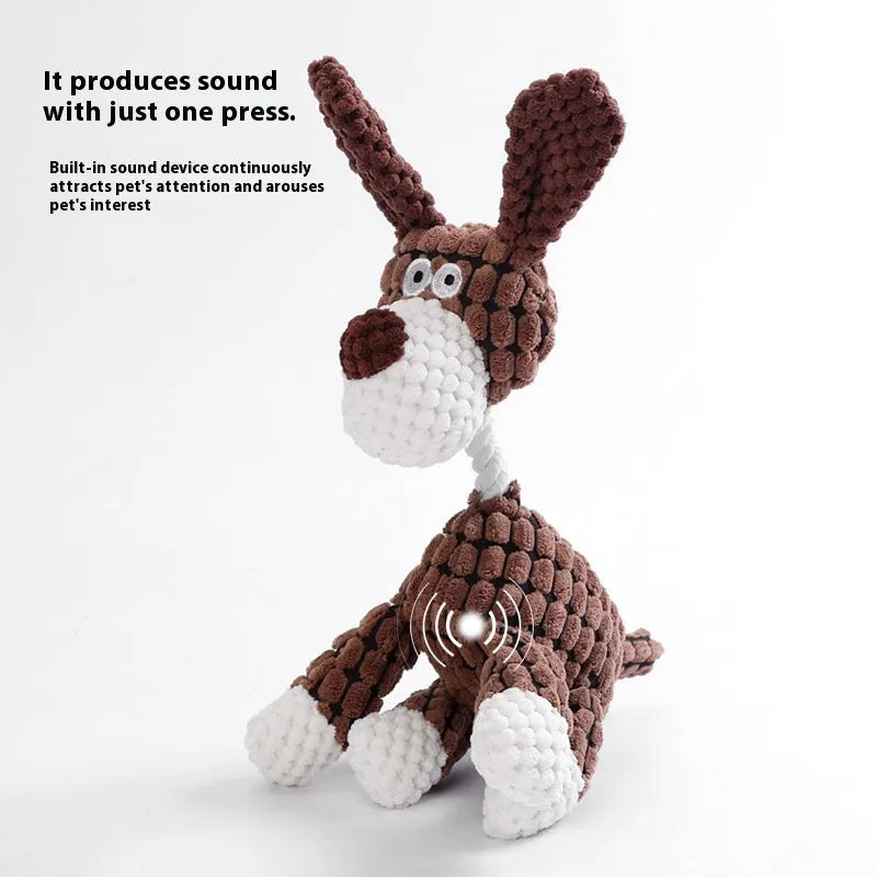 Bite-resistant puppy plush toy in animal designs including donkey, duck, elephant, and dog styles