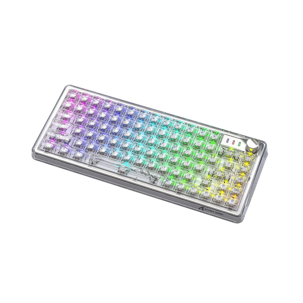 Attack Shark K75RGB white transparent wireless mechanical keyboard with RGB lighting on a desk.
