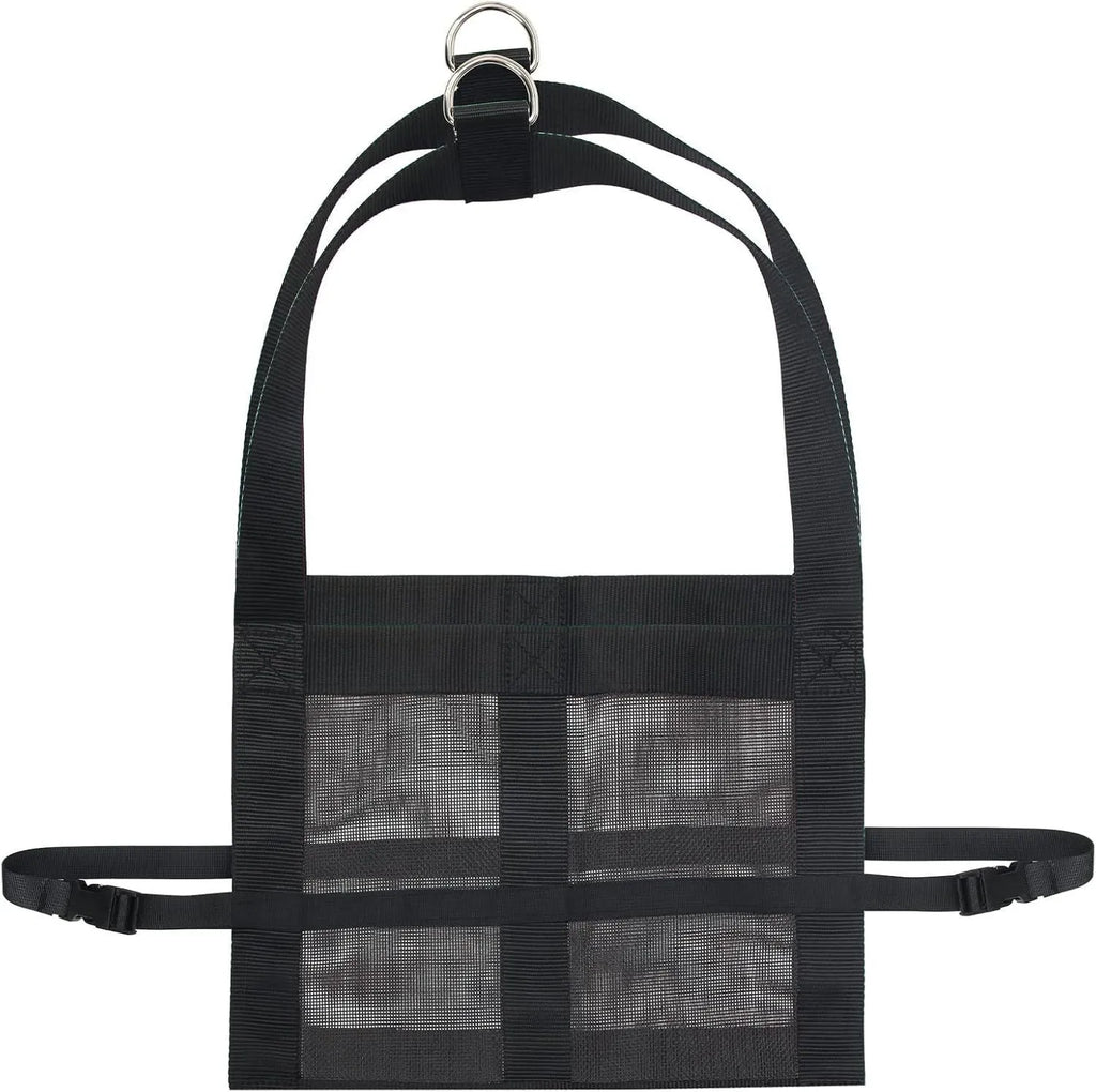 Black heavy-duty nylon animal weighing sling with metal D-rings, laid flat to show 35cm by 150cm dimensions