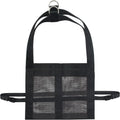 Black heavy-duty nylon animal weighing sling with metal D-rings, laid flat to show 35cm by 150cm dimensions