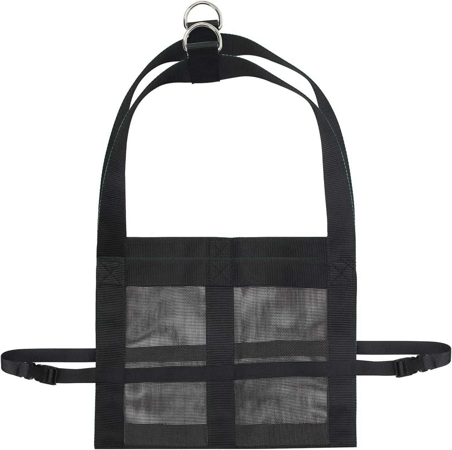 Black heavy-duty nylon animal weighing sling with metal D-rings, laid flat to show 35cm by 150cm dimensions
