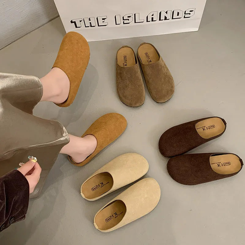 Korean style women's flat slip-on summer slippers in apricot colour with square toe and microfiber upper.